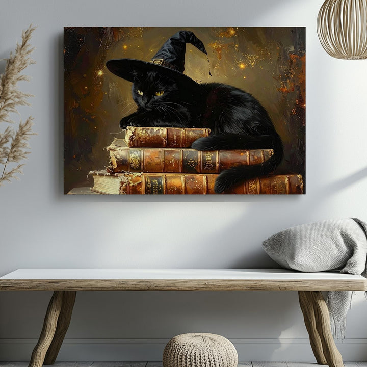 Witch Hat Cat on Spellbooks Canvas – Magical Halloween Familiar Wall Art - Gifitto