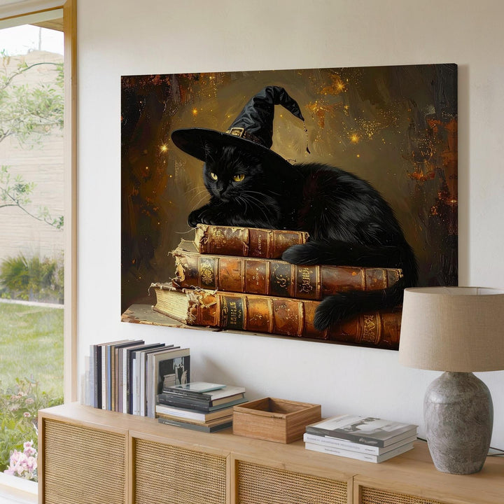 Witch Hat Cat on Spellbooks Canvas – Magical Halloween Familiar Wall Art - Gifitto