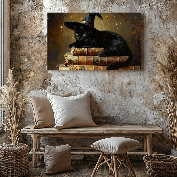 Witch Hat Cat on Spellbooks Canvas – Magical Halloween Familiar Wall Art - Gifitto