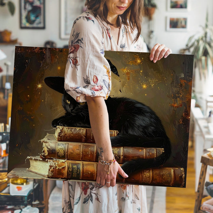 Witch Hat Cat on Spellbooks Canvas – Magical Halloween Familiar Wall Art - Gifitto