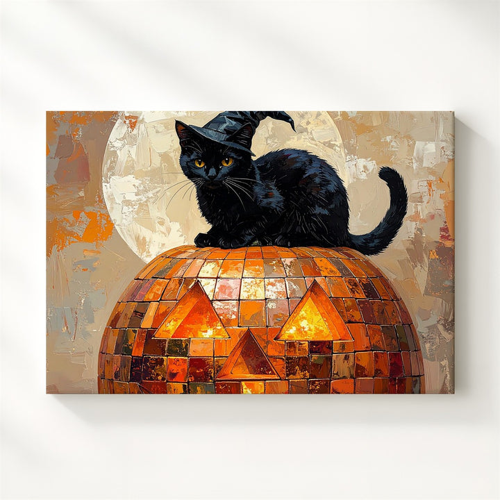 Mosaic Jack-o’-Lantern & Witch Cat Canvas – Whimsical Halloween Wall Art - Gifitto