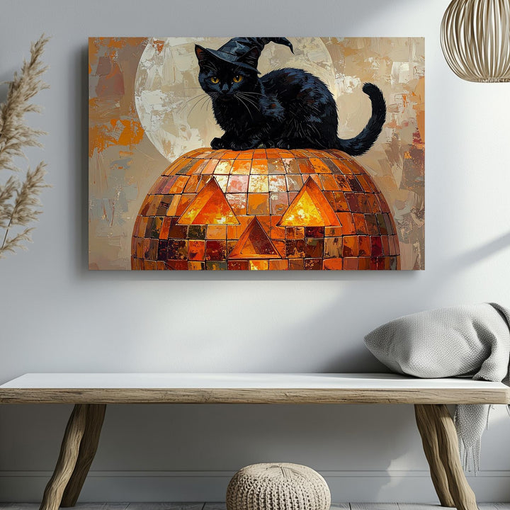 Mosaic Jack-o’-Lantern & Witch Cat Canvas – Whimsical Halloween Wall Art - Gifitto