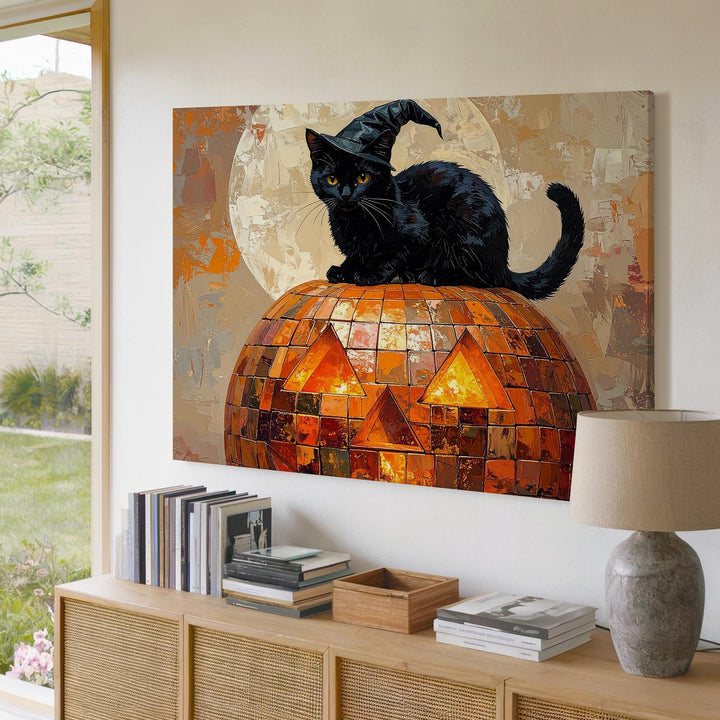 Mosaic Jack-o’-Lantern & Witch Cat Canvas – Whimsical Halloween Wall Art - Gifitto