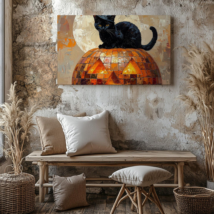 Mosaic Jack-o’-Lantern & Witch Cat Canvas – Whimsical Halloween Wall Art - Gifitto
