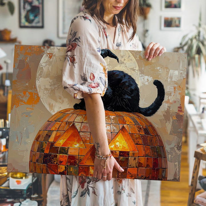 Mosaic Jack-o’-Lantern & Witch Cat Canvas – Whimsical Halloween Wall Art - Gifitto