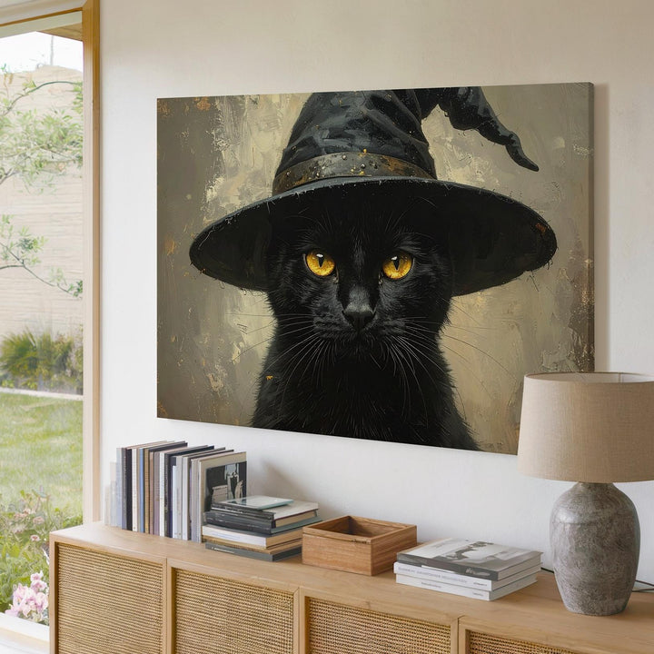 Witch’s Companion Cat Canvas – Whimsical Halloween Familiar Wall Art - Gifitto