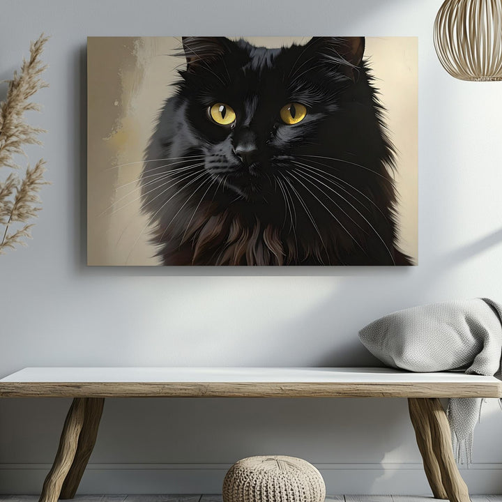 Black Cat Guardian Canvas – Elegant Yellow-Eyed Halloween Familiar Art - Gifitto