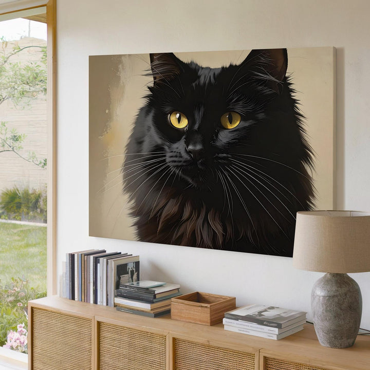 Black Cat Guardian Canvas – Elegant Yellow-Eyed Halloween Familiar Art - Gifitto