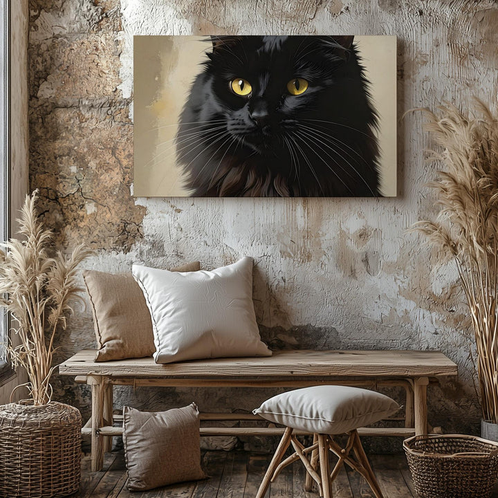 Black Cat Guardian Canvas – Elegant Yellow-Eyed Halloween Familiar Art - Gifitto