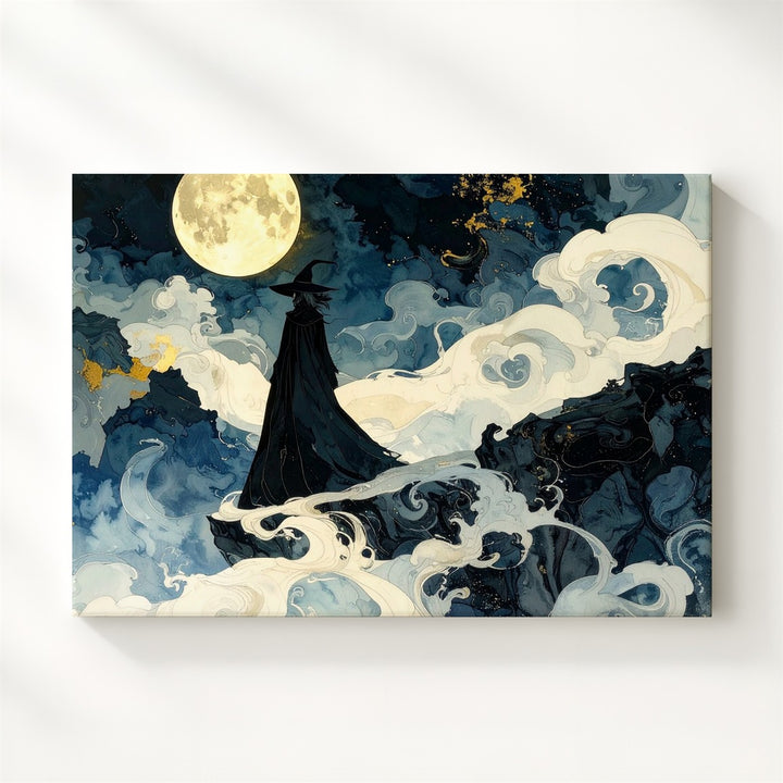 Moonlit Wanderer Canvas – Mystical Cloaked Figure on Foggy Cliff - Gifitto
