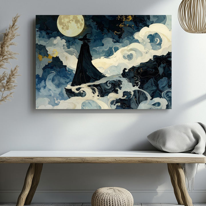 Moonlit Wanderer Canvas – Mystical Cloaked Figure on Foggy Cliff - Gifitto