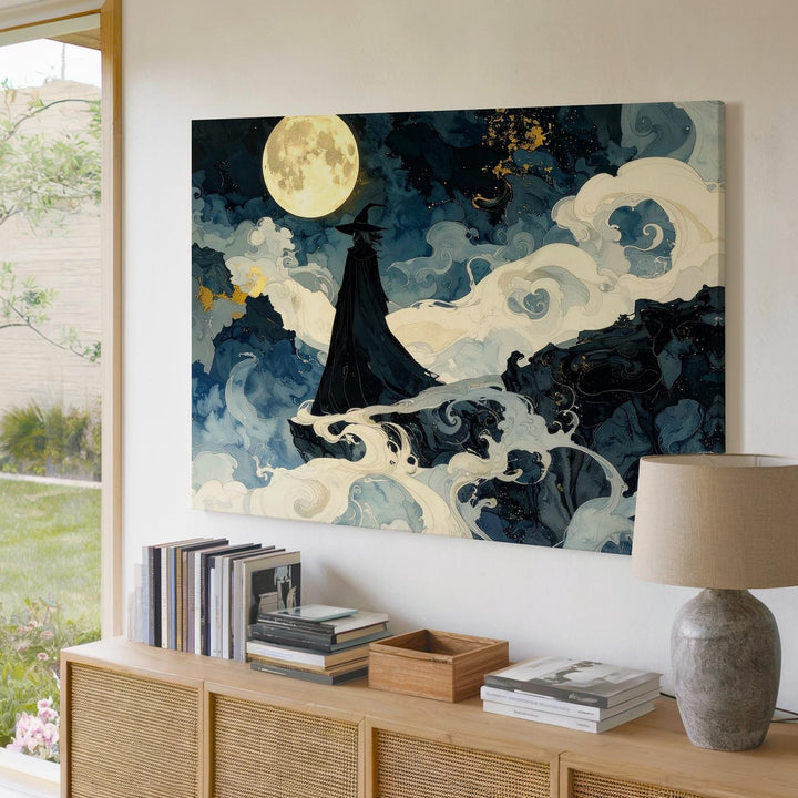 Moonlit Wanderer Canvas – Mystical Cloaked Figure on Foggy Cliff - Gifitto