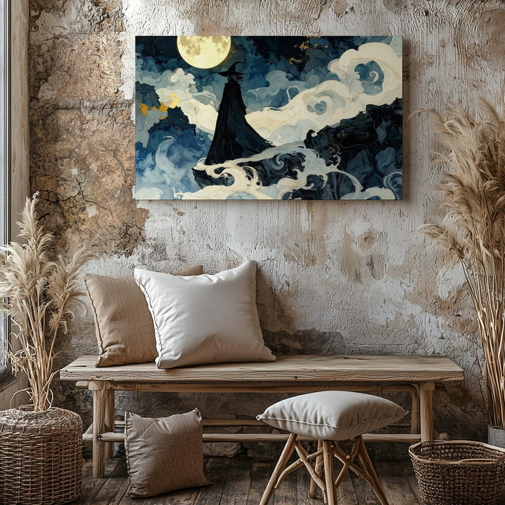 Moonlit Wanderer Canvas – Mystical Cloaked Figure on Foggy Cliff - Gifitto