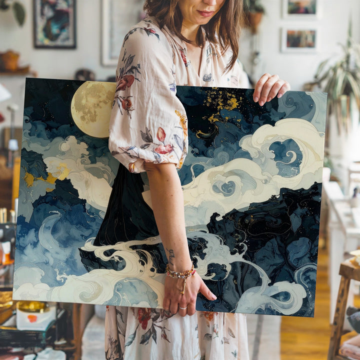 Moonlit Wanderer Canvas – Mystical Cloaked Figure on Foggy Cliff - Gifitto