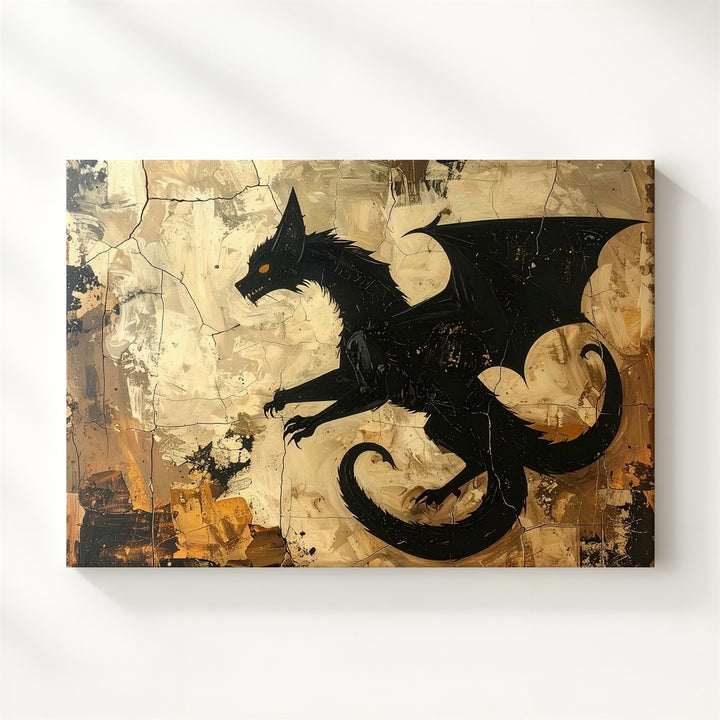 Primitive Black Dragon Emblem Canvas – Mystical Folk-Art Halloween Symbol - Gifitto