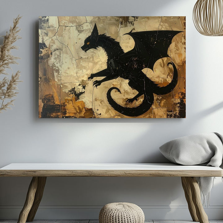 Primitive Black Dragon Emblem Canvas – Mystical Folk-Art Halloween Symbol - Gifitto