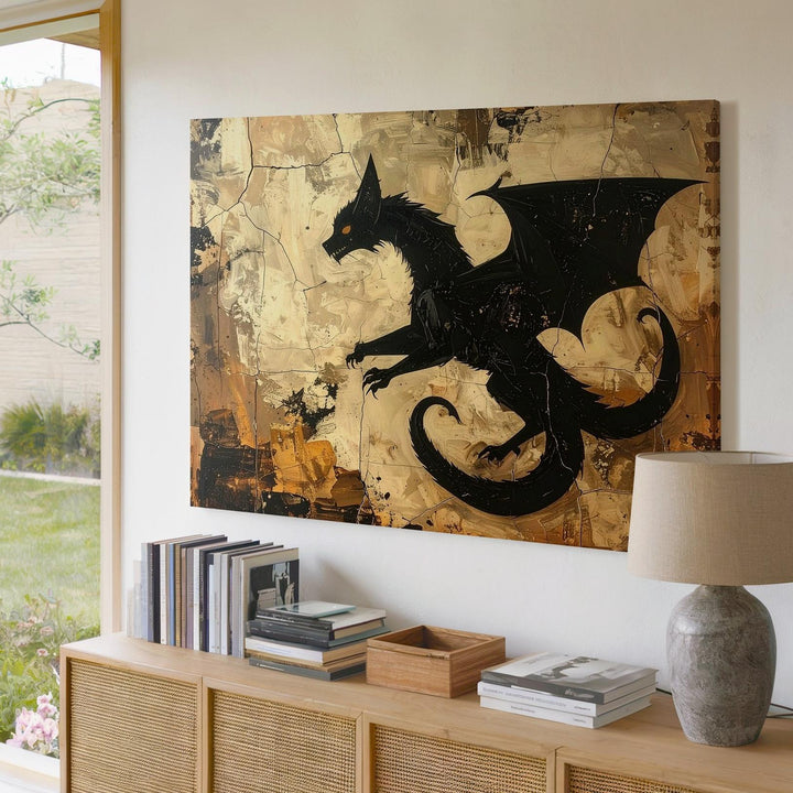 Primitive Black Dragon Emblem Canvas – Mystical Folk-Art Halloween Symbol - Gifitto