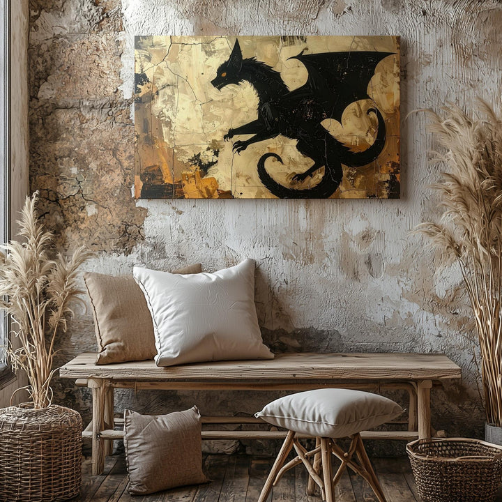 Primitive Black Dragon Emblem Canvas – Mystical Folk-Art Halloween Symbol - Gifitto