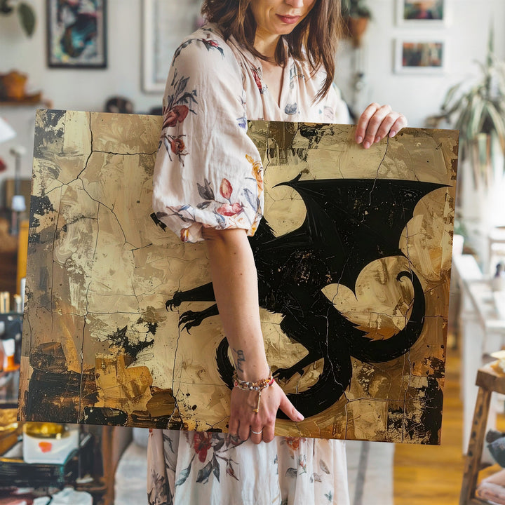 Primitive Black Dragon Emblem Canvas – Mystical Folk-Art Halloween Symbol - Gifitto