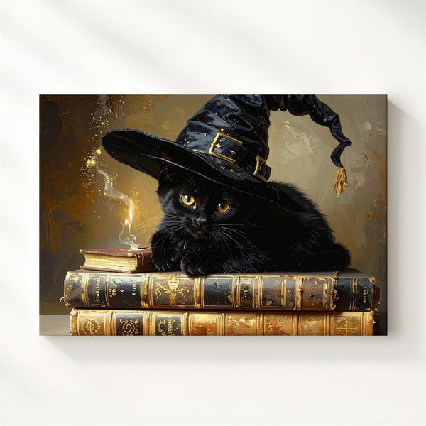 Witch Kitten & Spellbooks Canvas – Cozy Halloween Magic Wall Art - Gifitto
