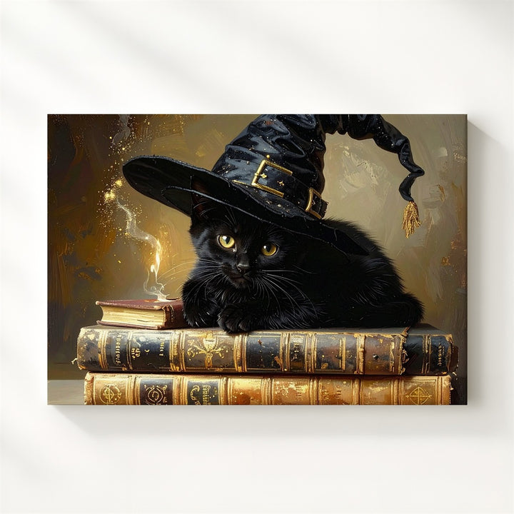 Witch Kitten & Spellbooks Canvas – Cozy Halloween Magic Wall Art - Gifitto
