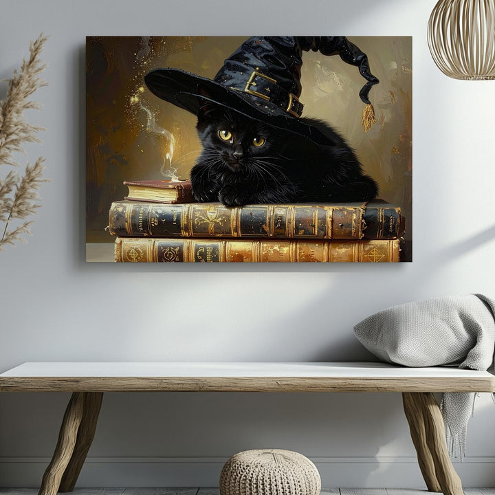 Witch Kitten & Spellbooks Canvas – Cozy Halloween Magic Wall Art - Gifitto