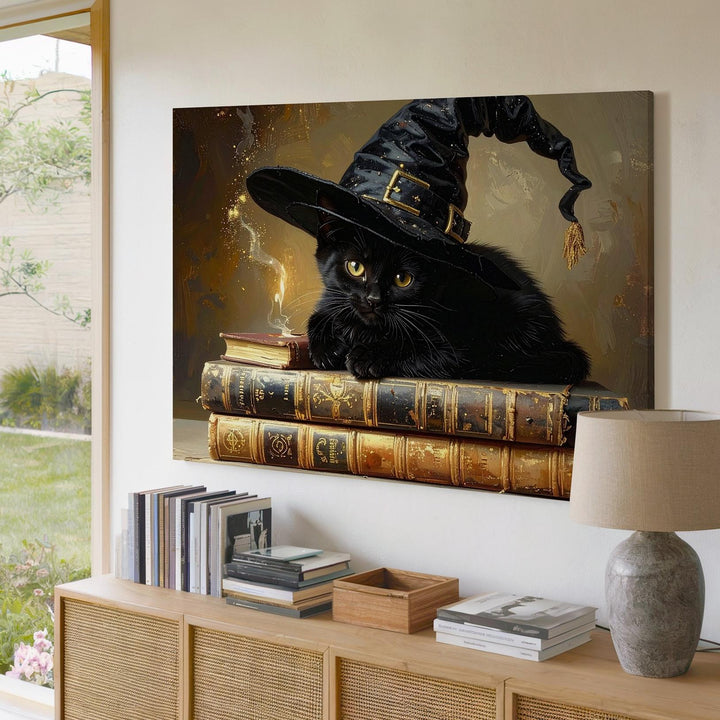 Witch Kitten & Spellbooks Canvas – Cozy Halloween Magic Wall Art - Gifitto