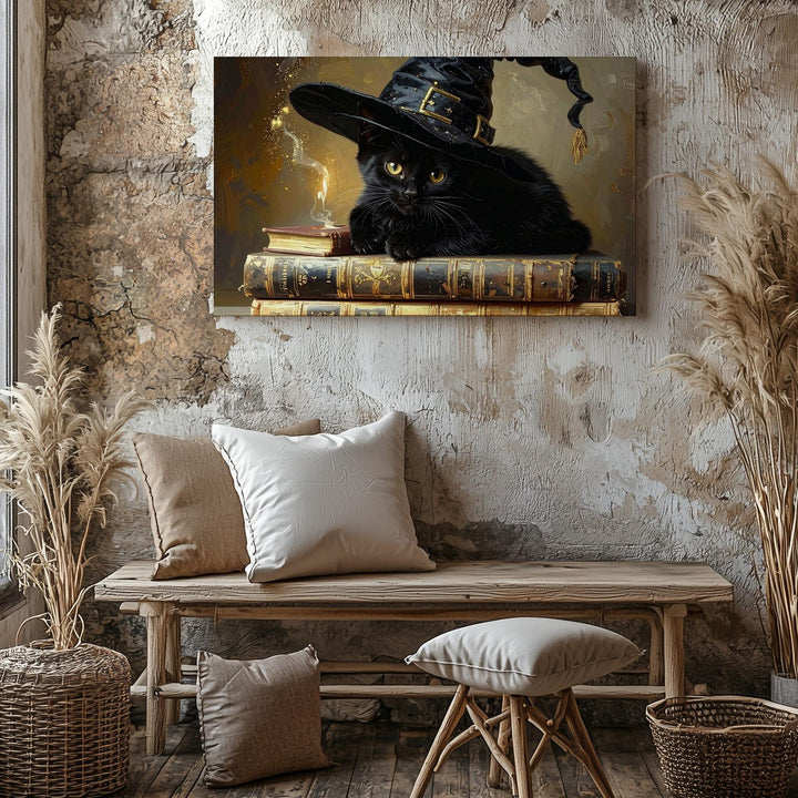Witch Kitten & Spellbooks Canvas – Cozy Halloween Magic Wall Art - Gifitto