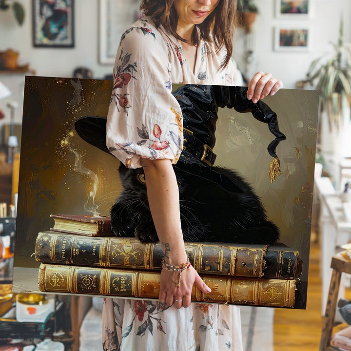 Witch Kitten & Spellbooks Canvas – Cozy Halloween Magic Wall Art - Gifitto