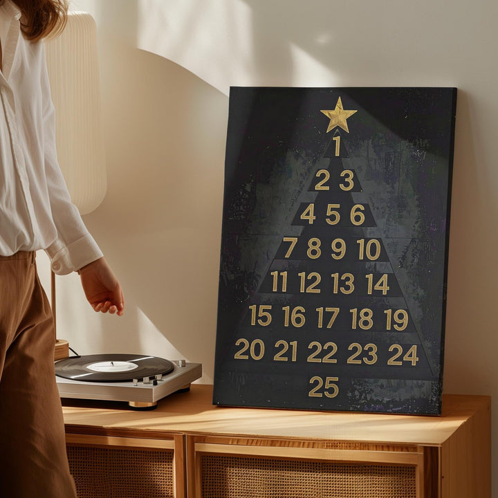 Minimalist Advent Tree Canvas – Black Number Tree with Gold Star Holiday Art - Gifitto