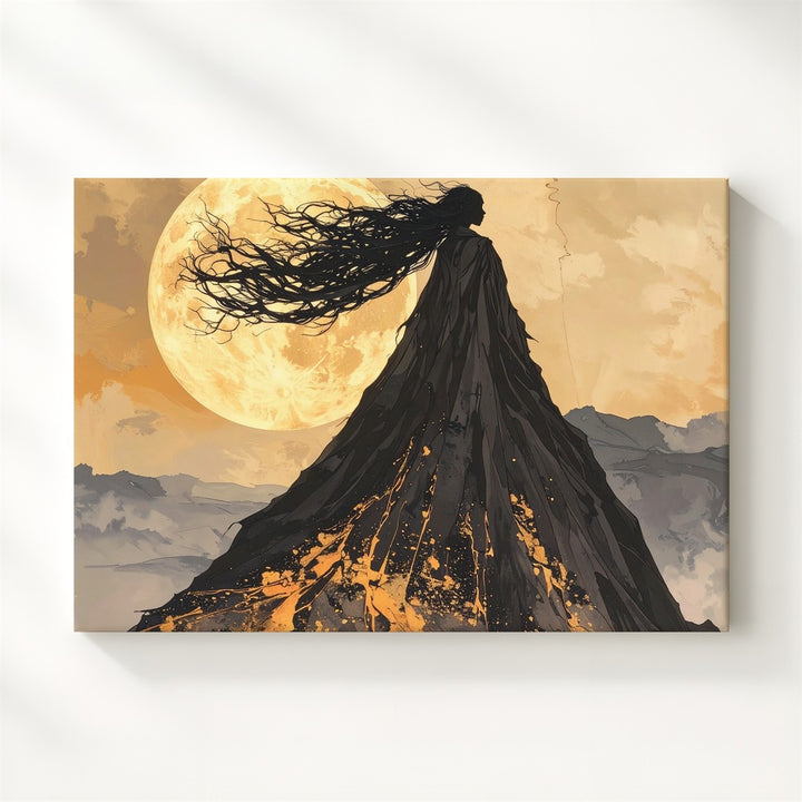 Mythic Cloaked Mountain Canvas – Golden Moon Silhouette Wall Art - Gifitto