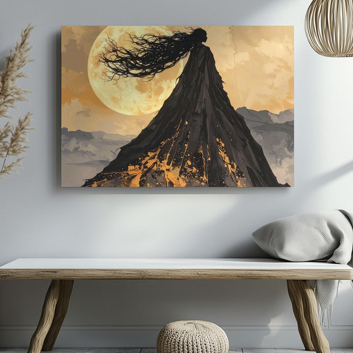 Mythic Cloaked Mountain Canvas – Golden Moon Silhouette Wall Art - Gifitto
