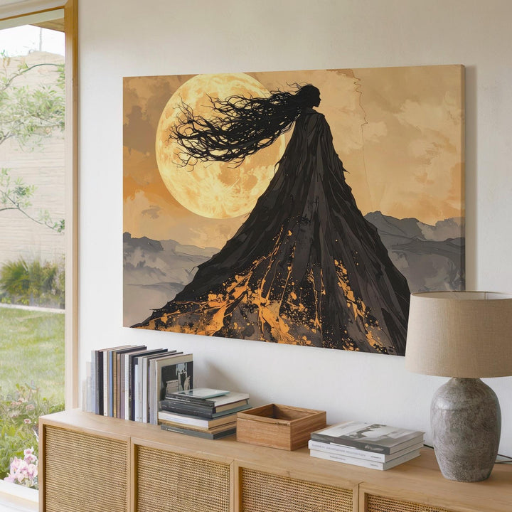 Mythic Cloaked Mountain Canvas – Golden Moon Silhouette Wall Art - Gifitto