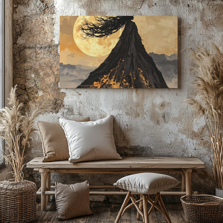 Mythic Cloaked Mountain Canvas – Golden Moon Silhouette Wall Art - Gifitto