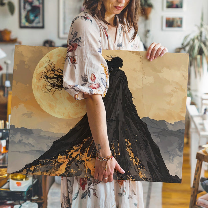 Mythic Cloaked Mountain Canvas – Golden Moon Silhouette Wall Art - Gifitto