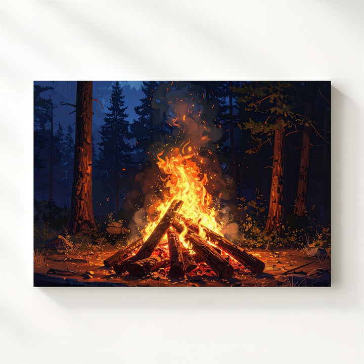Campfire in the Pines Canvas – Primal Forest Halloween Night Wall Art - Gifitto