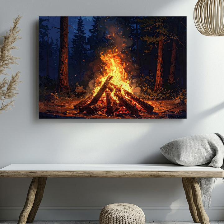 Campfire in the Pines Canvas – Primal Forest Halloween Night Wall Art - Gifitto