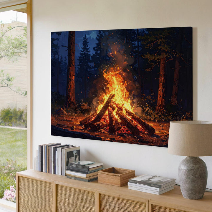 Campfire in the Pines Canvas – Primal Forest Halloween Night Wall Art - Gifitto