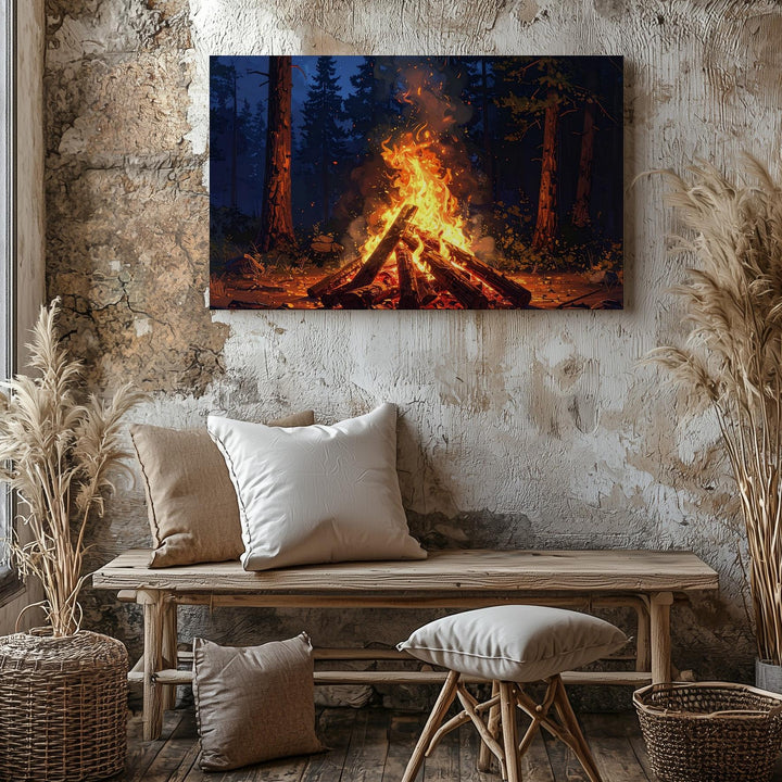 Campfire in the Pines Canvas – Primal Forest Halloween Night Wall Art - Gifitto