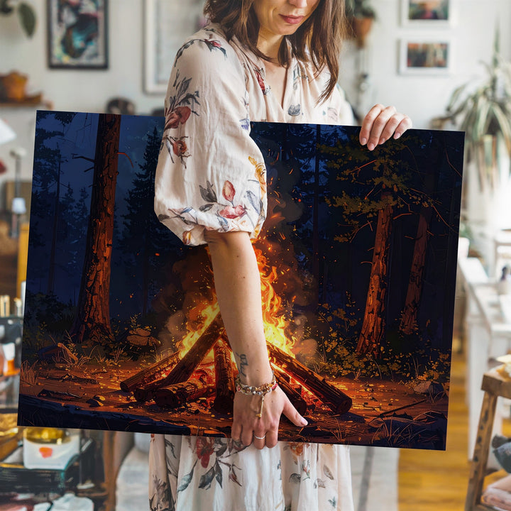 Campfire in the Pines Canvas – Primal Forest Halloween Night Wall Art - Gifitto
