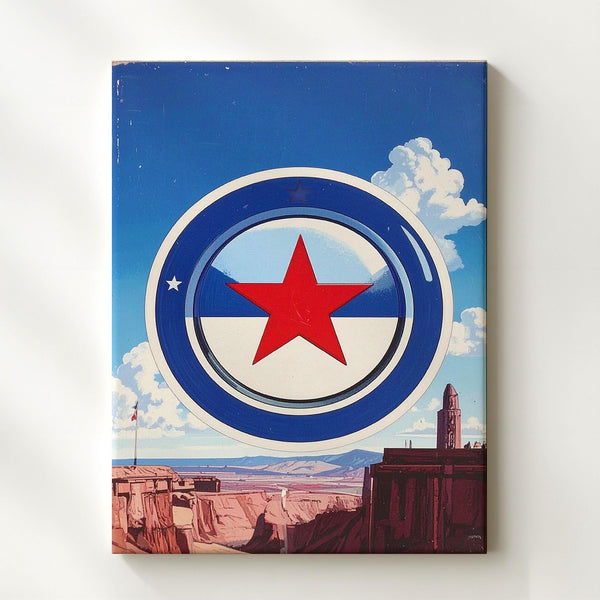 Patriotic Smiley Face Canvas – Red Star Eye on White Circle & Blue Background - Gifitto