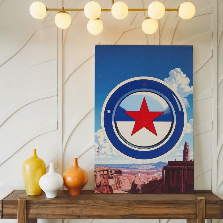 Patriotic Smiley Face Canvas – Red Star Eye on White Circle & Blue Background - Gifitto