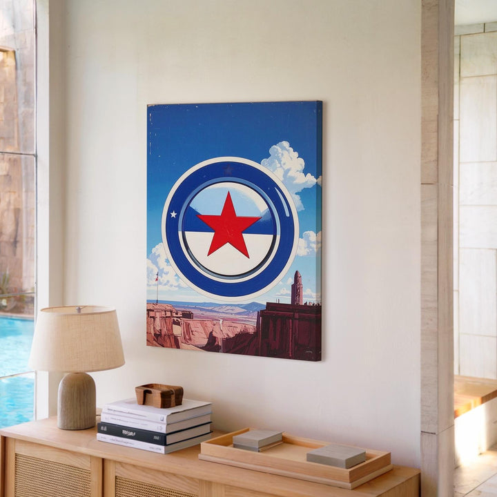 Patriotic Smiley Face Canvas – Red Star Eye on White Circle & Blue Background - Gifitto