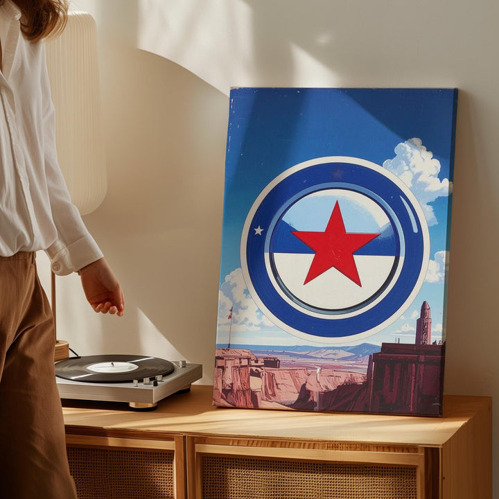 Patriotic Smiley Face Canvas – Red Star Eye on White Circle & Blue Background - Gifitto