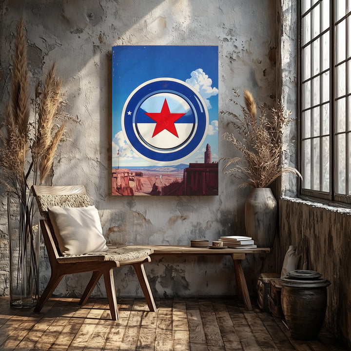 Patriotic Smiley Face Canvas – Red Star Eye on White Circle & Blue Background - Gifitto