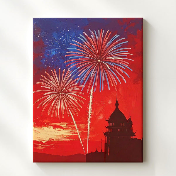 Independence Day Fireworks Canvas – Bold Red Background with Red & Blue Bursts - Gifitto