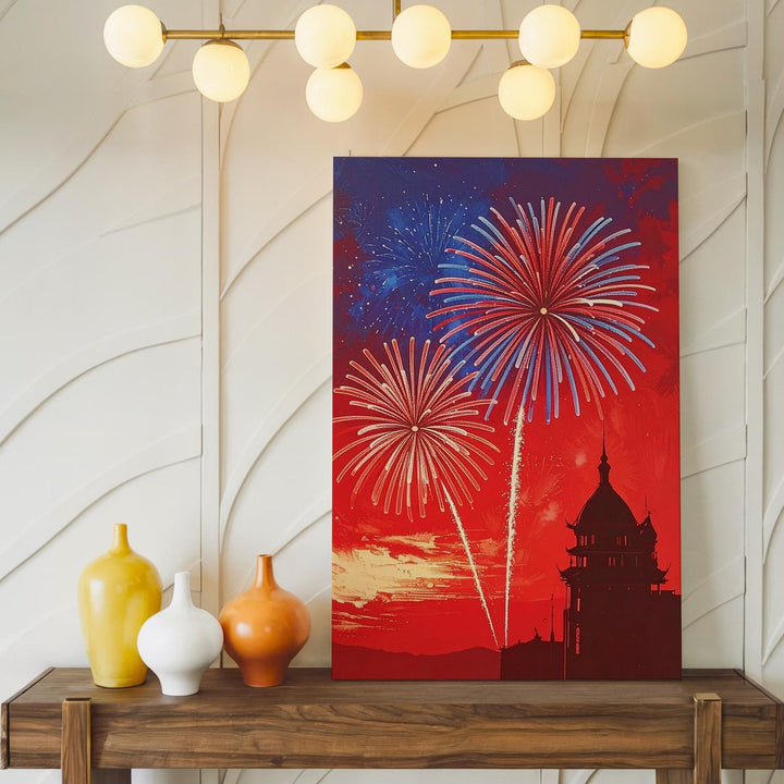 Independence Day Fireworks Canvas – Bold Red Background with Red & Blue Bursts - Gifitto
