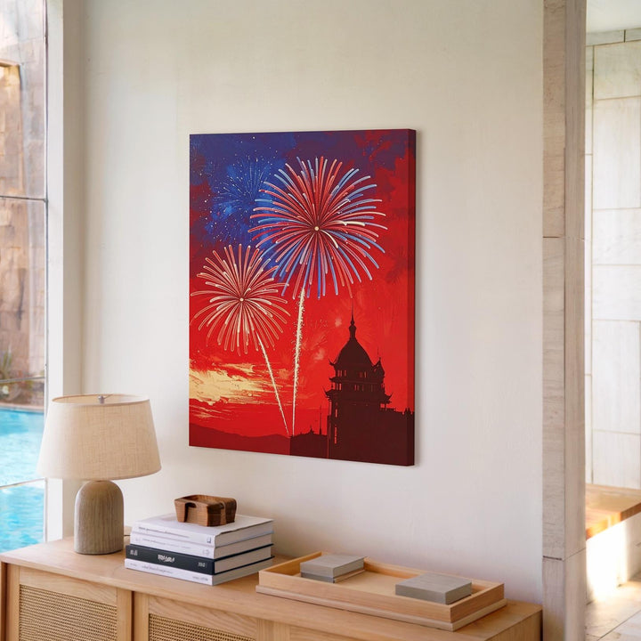 Independence Day Fireworks Canvas – Bold Red Background with Red & Blue Bursts - Gifitto