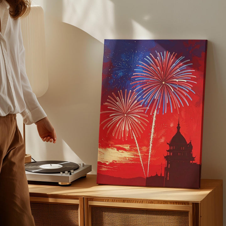 Independence Day Fireworks Canvas – Bold Red Background with Red & Blue Bursts - Gifitto