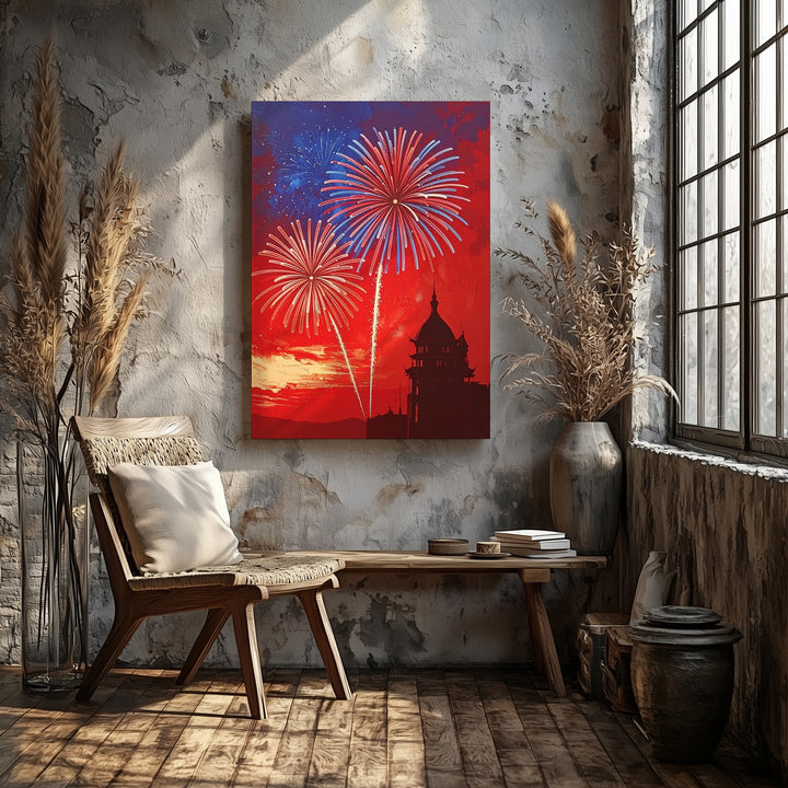 Independence Day Fireworks Canvas – Bold Red Background with Red & Blue Bursts - Gifitto